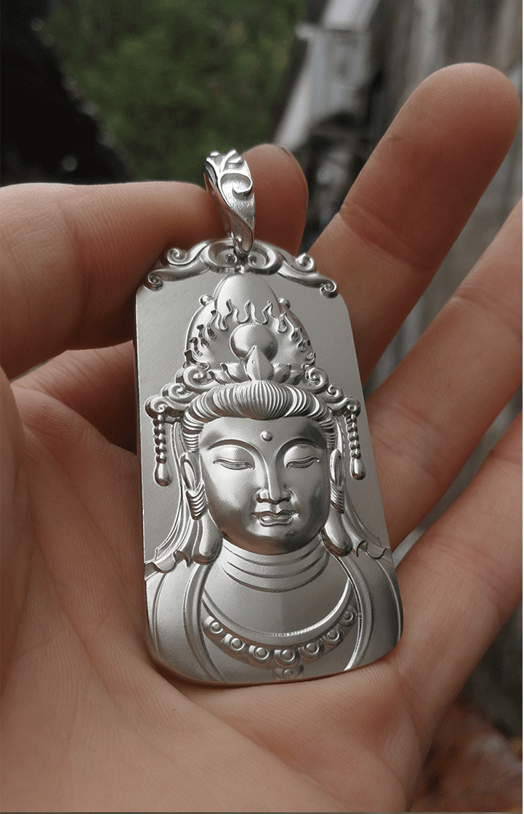 庞益实心足银莲花观音菩萨吊坠男士男款银牌护身符项链女士银泰银观世