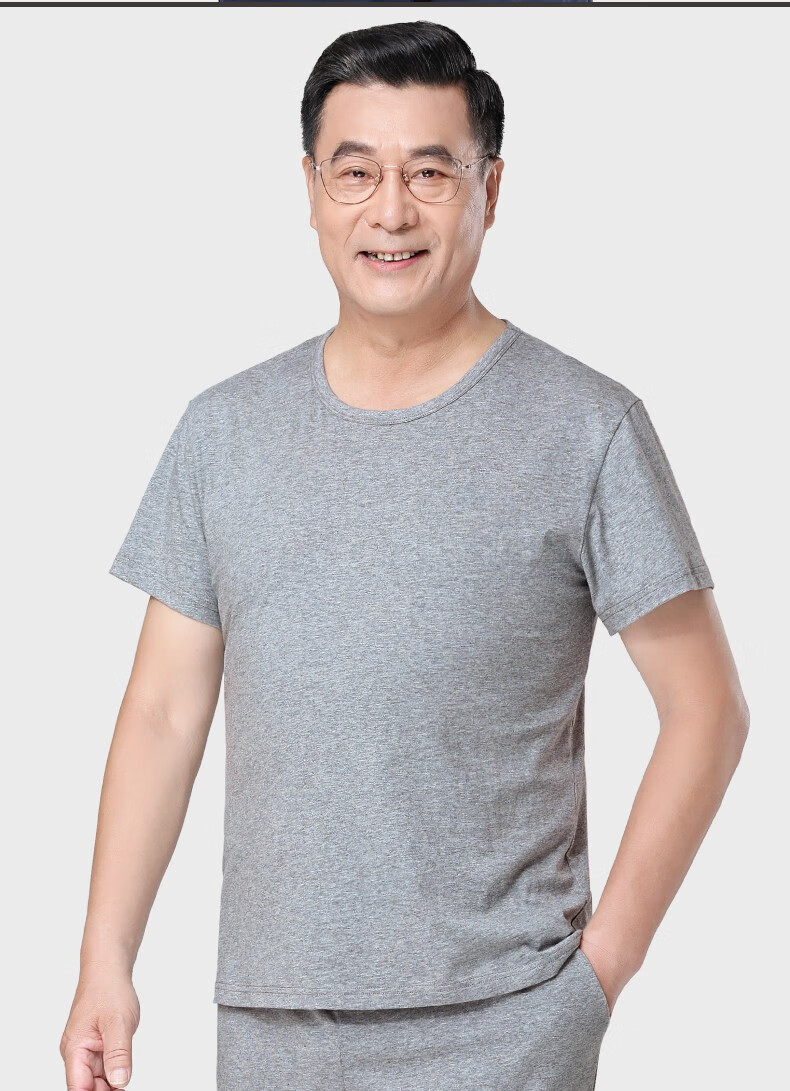 春织中老年汗衫男士纯棉老人圆领爸爸薄款短袖t恤上衣宽松夏季大码