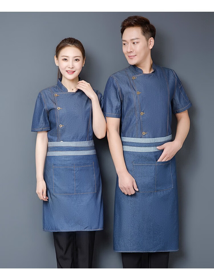 宁爵ningjue牛仔厨师服长袖酒店后厨饭店快餐饮工作服春夏短袖牛仔蓝