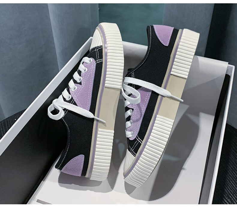 飞耀女鞋帆布鞋女低帮学生拼色板鞋ins韩版平底系带帆布鞋女饼干鞋潮