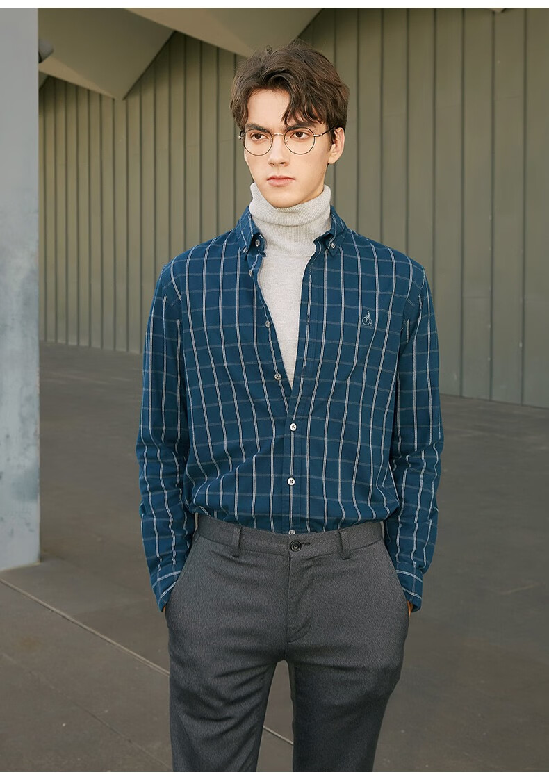 beanpole滨波秋季新品男士商务休闲格纹刺绣磨毛长袖衬衫藏青色17592a