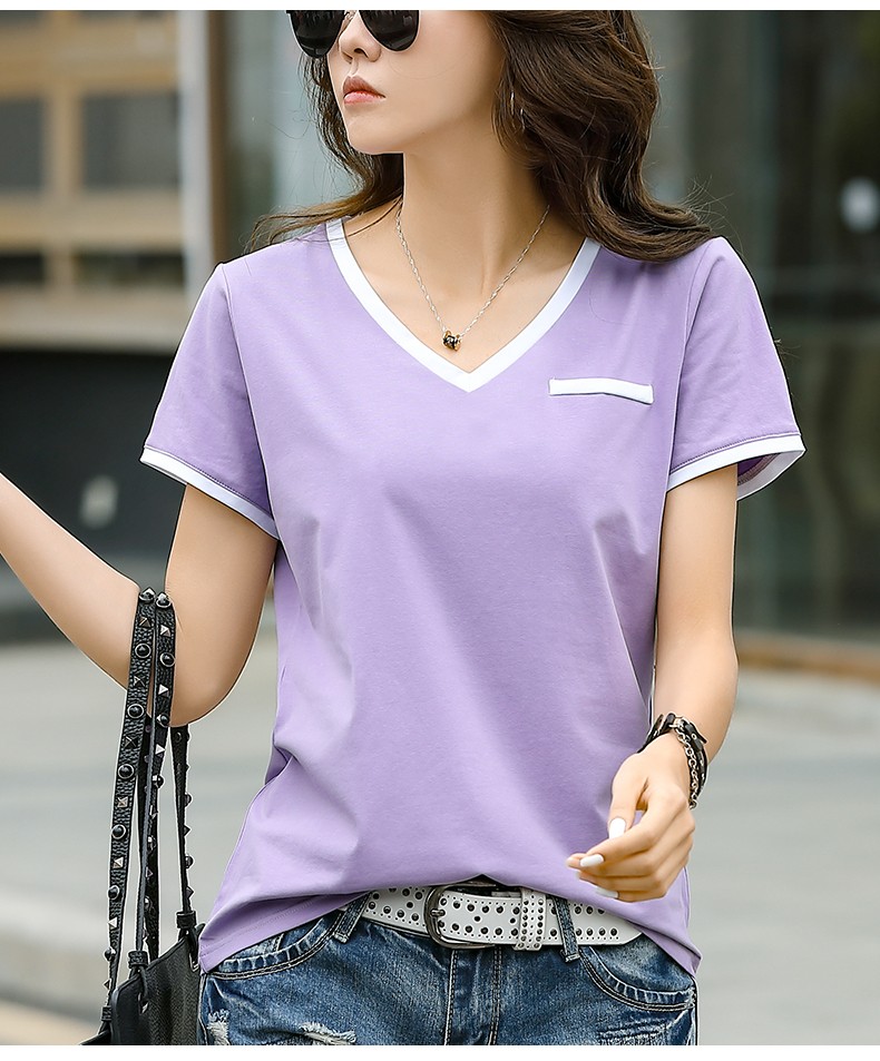 瓦塔诺v领短袖新款t恤女夏装上衣显瘦女装纯色衣服女体恤衫棉质橘色