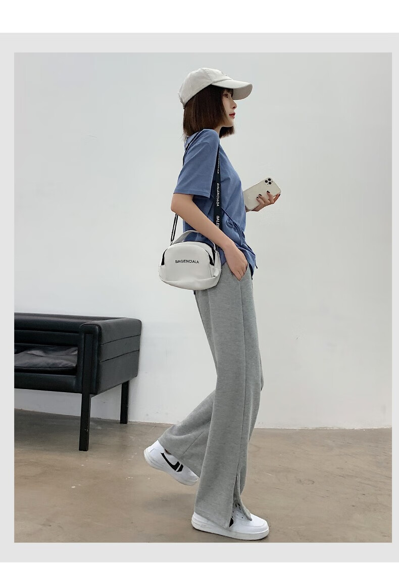 曲诺灰色运动裤女春秋直筒开叉显瘦高个子棉质休闲垂感宽松阔腿裤卫裤