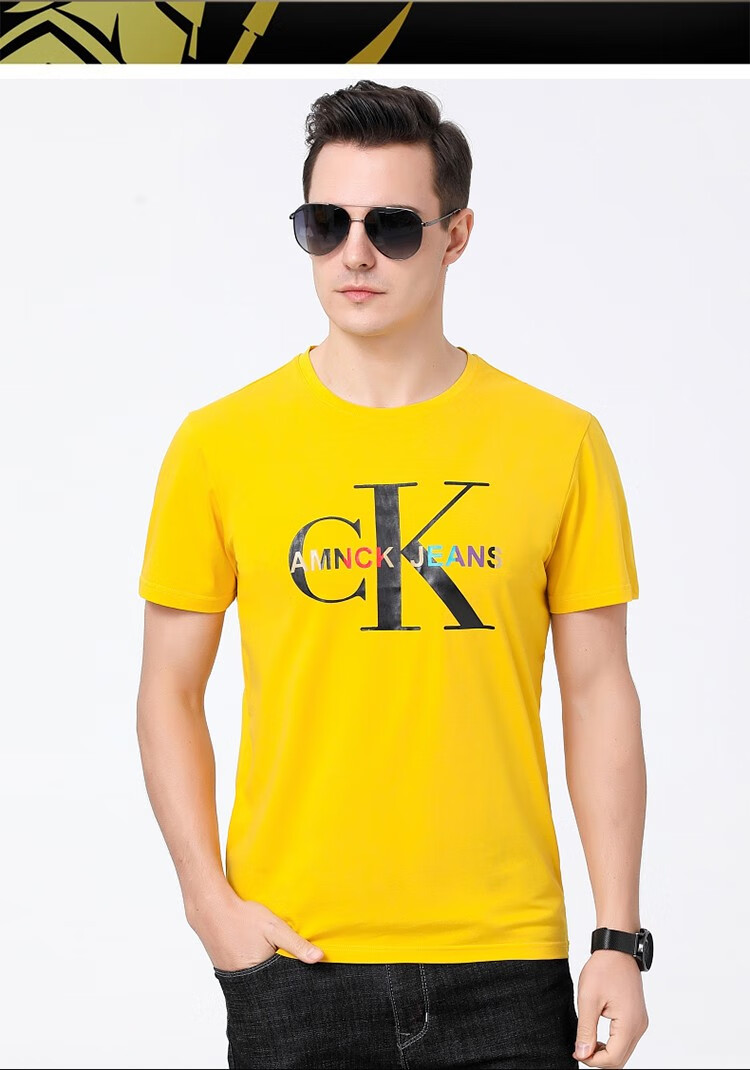 ck短袖t恤男男士夏季新品圆领印花轻奢修身短袖t恤纯棉简约百搭半袖