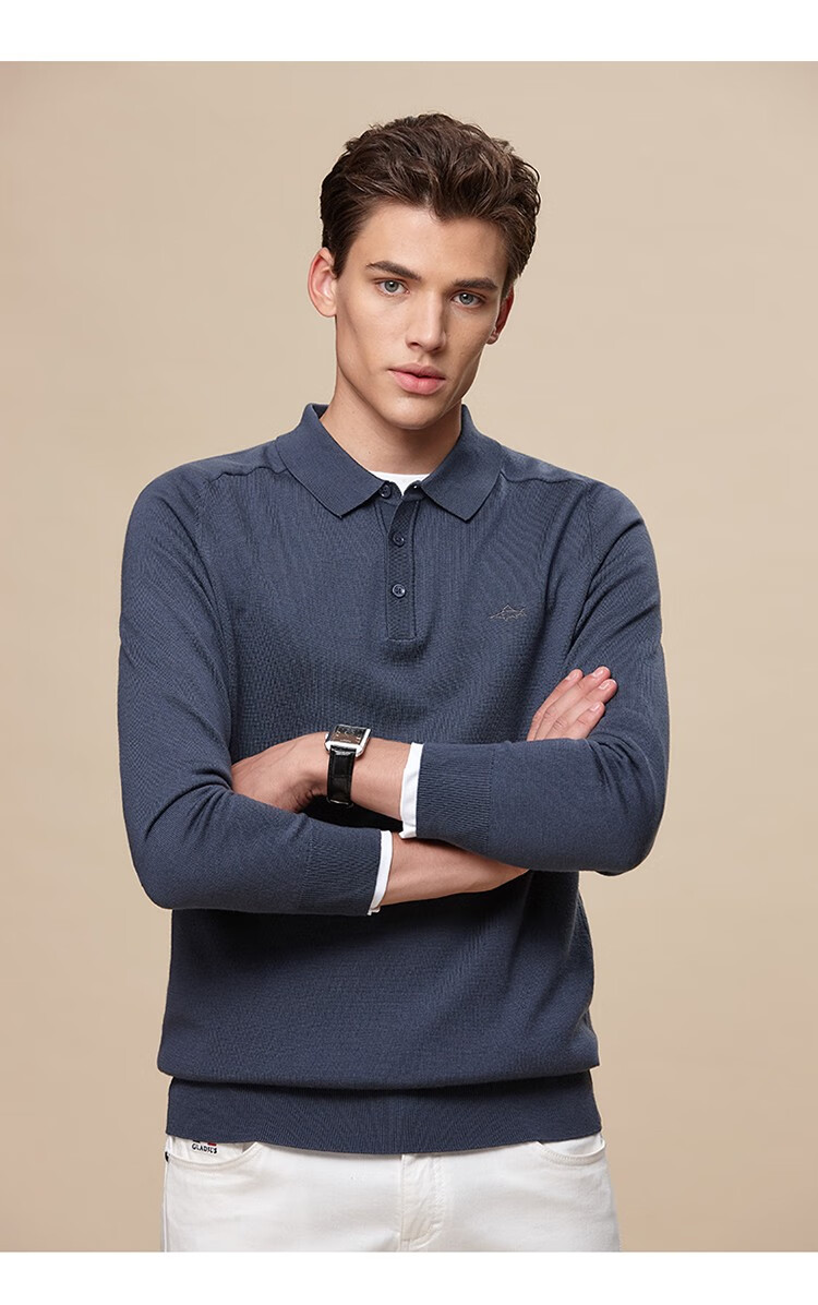 【100%绵羊毛】德鲨秋季男装翻领毛衣可机洗打底英伦风保暖针织衫