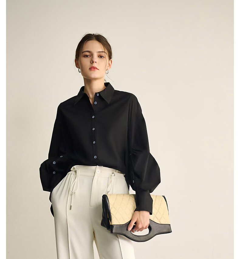 homophony 超有型【马蹄袖】挺阔质感酷飒风显瘦简约女式衬衫衬衣 黑