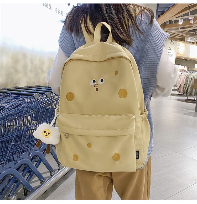 ins风中学生女生背包软妹校园尼龙布防泼水耐磨红棕色曲奇带煎蛋挂件