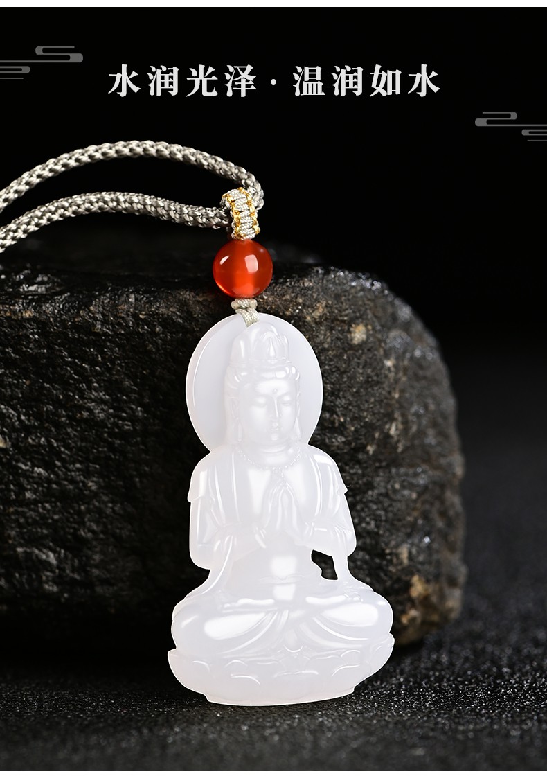 新年礼物yunitongxing和田玉羊脂白玉立体坐莲观音吊坠挂件新疆玉石观
