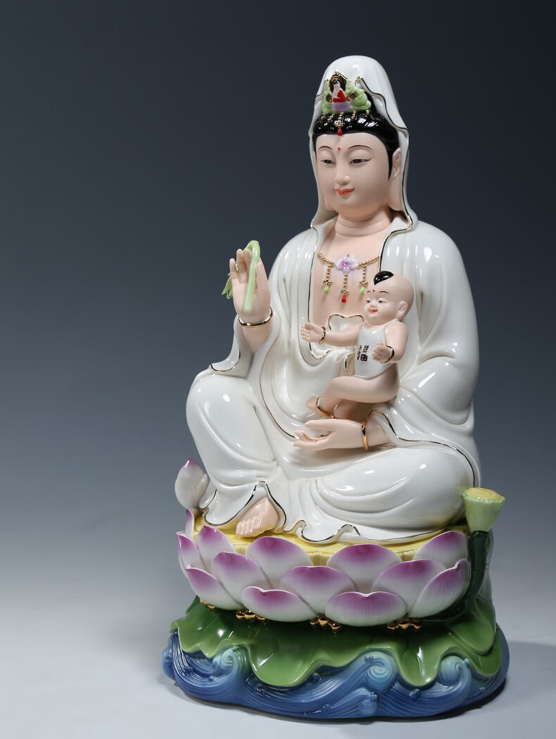 微美10至16吋水莲送子观音佛像供奉观世音菩萨家用佛堂陶瓷摆件白衣