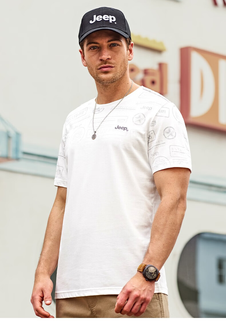 jeep吉普短袖t恤男2022夏季男装新款纯棉体恤时尚简约白色t恤夏天上衣