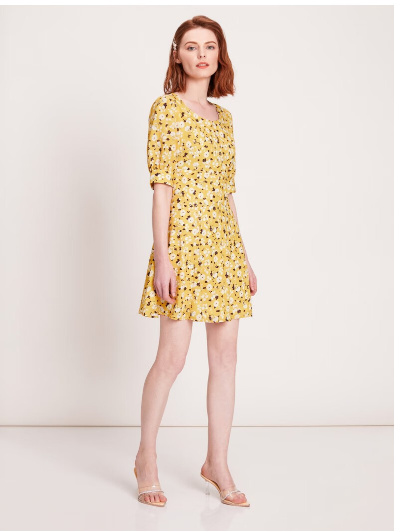 bebe夏季女士黄色a版连衣裙圆领时尚印花裙子250002黄色l
