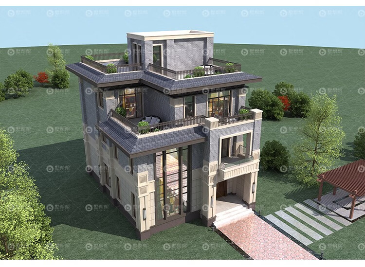 墅帮帮别墅设计图纸新中式平顶大露台农村自建房房屋建造施工图纸外观