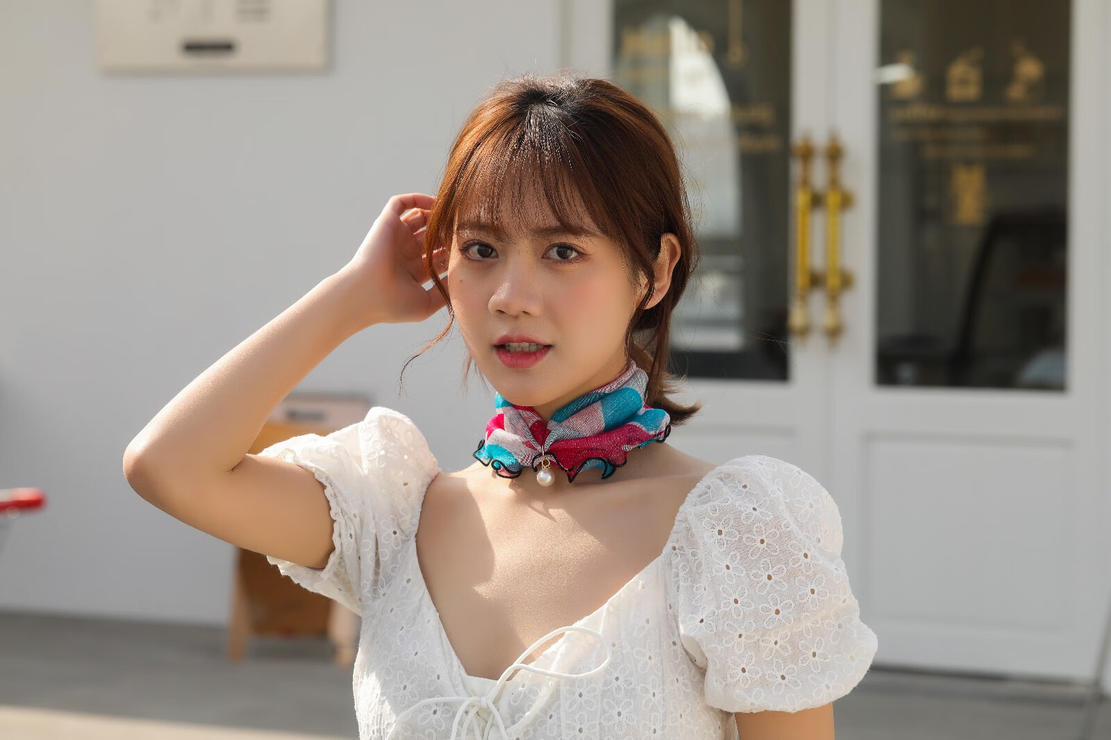 头小围脖女面纱脖套护颈丝巾春秋薄款时尚小丝巾装饰纱巾印红天蓝均码