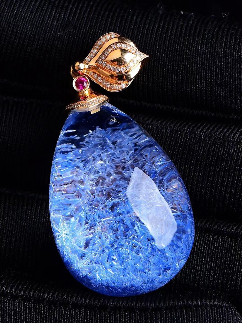 俊辰珠宝天然原色经典蓝色妖姬蓝发晶聚宝盆发晶花水滴