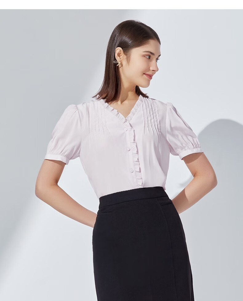 g2000女装春夏新款休闲荷叶花边v领轻薄柔滑短袖衬衫甜美上衣11748002