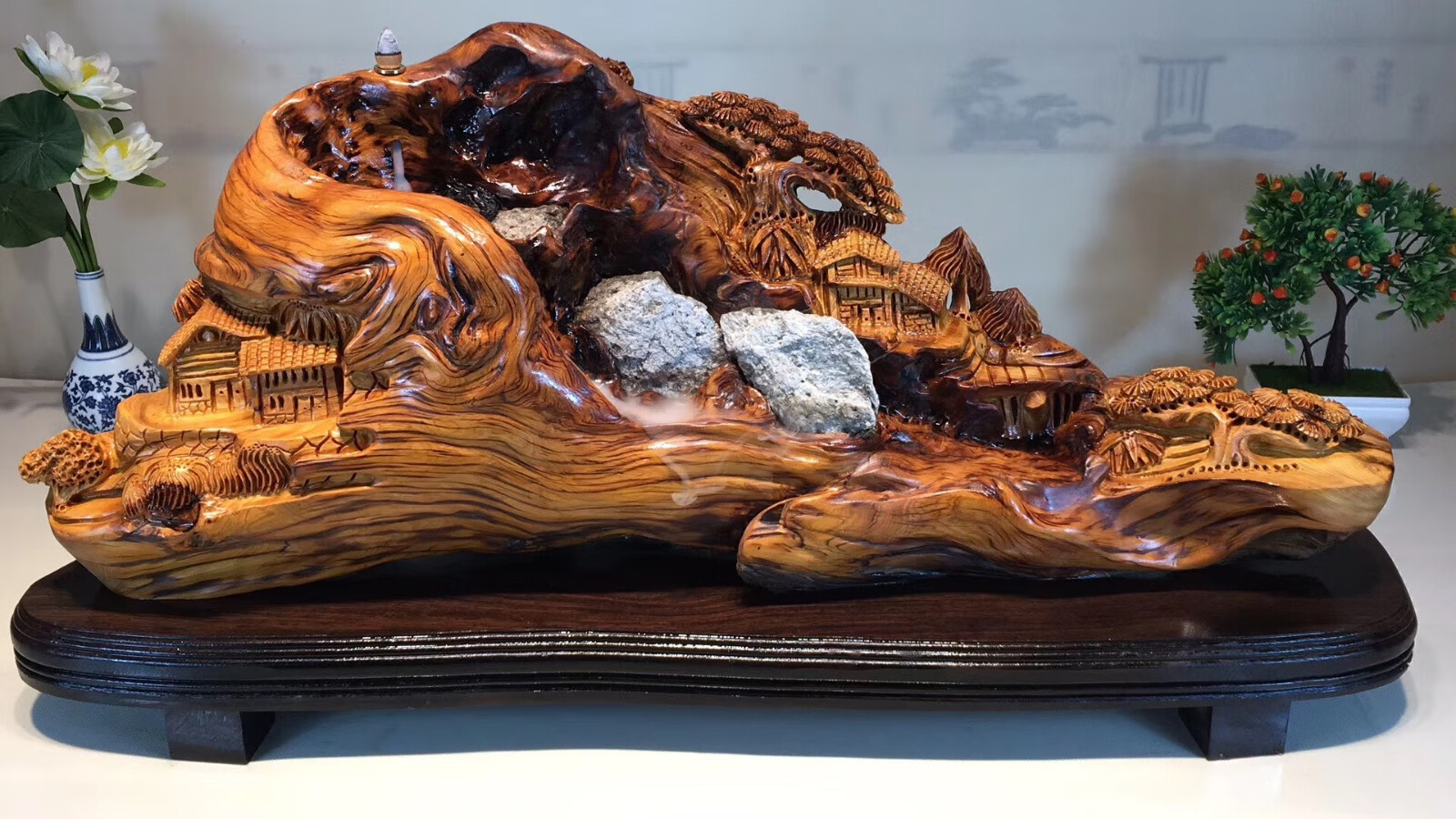 易蓉太行崖柏大型山里人家根雕摆件天然抱石山水倒流香风景随型纯手工