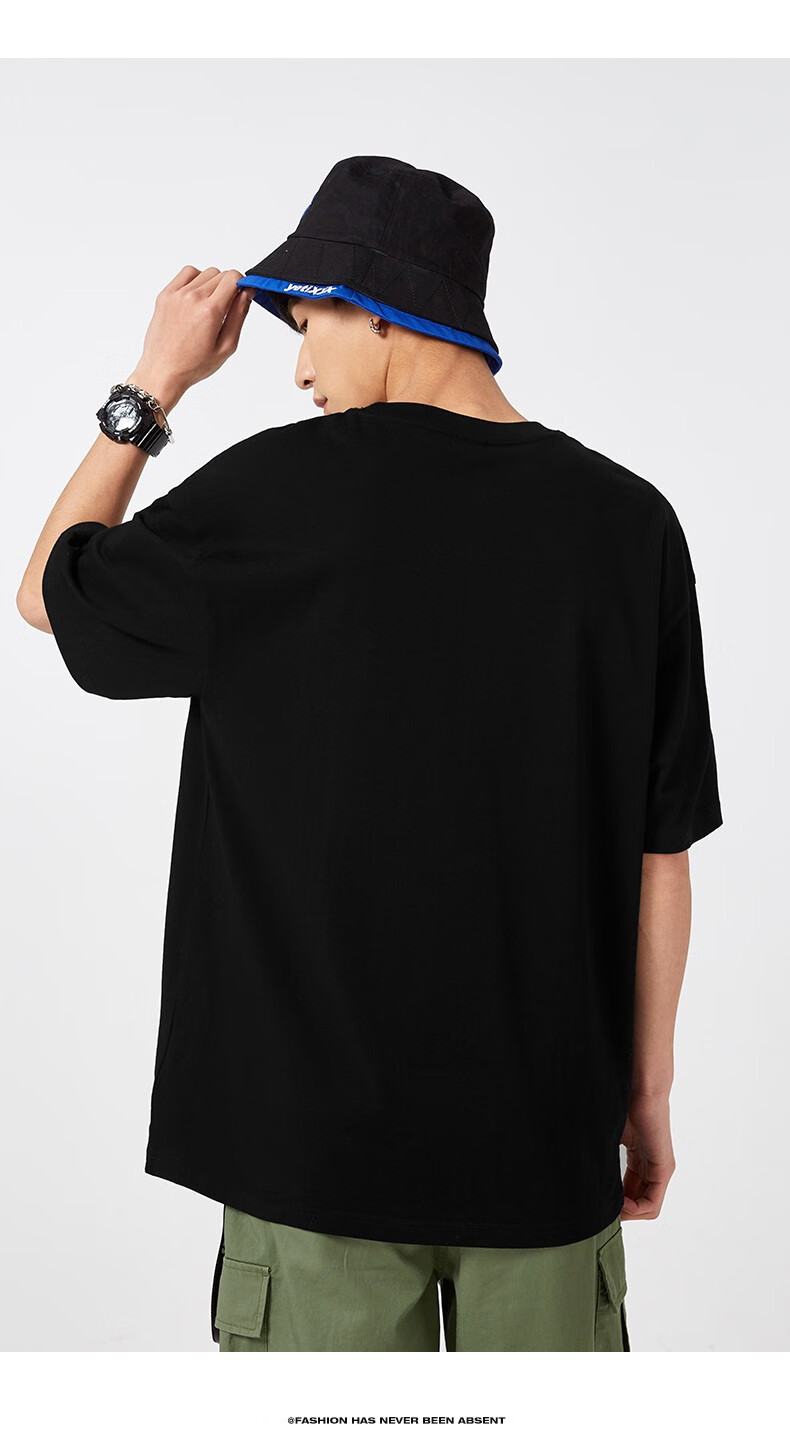 2021新款男装针织宽松圆领落肩短袖t恤时尚印花撞色潮上衣新疆棉 黑色