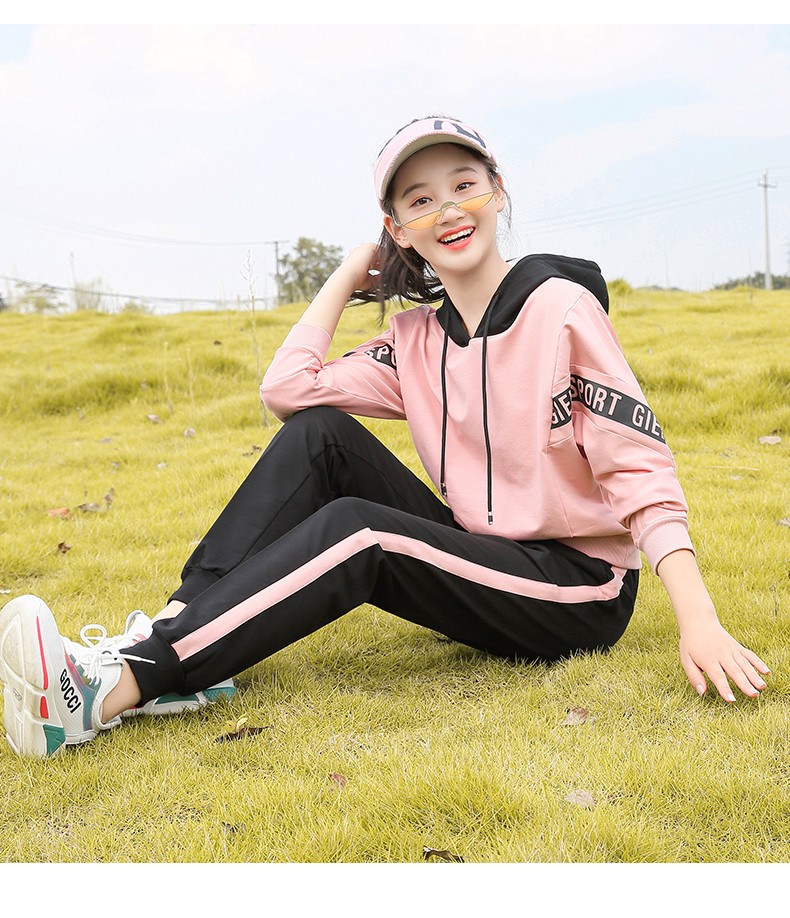 青春时尚短袖两件套韩版初中高中学生运动服休闲套装女潮白色长袖l