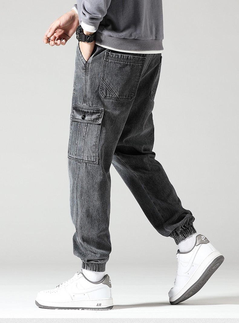 查尔斯桃心牛仔裤男士宽松哈伦裤潮流束脚九分裤子潮牌休闲男装灰色28