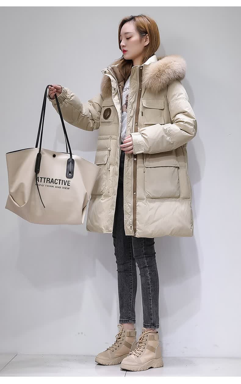 珂曼苏品牌女装白鸭绒韩版羽绒服2021年新款冬季加厚时尚气质中长款