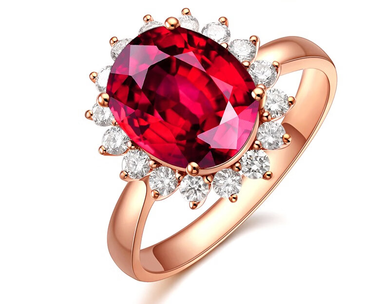 戴妃款鸽血红碧玺戒指气质优雅18k金镶南非真钻天然红宝石钻石女戒 1