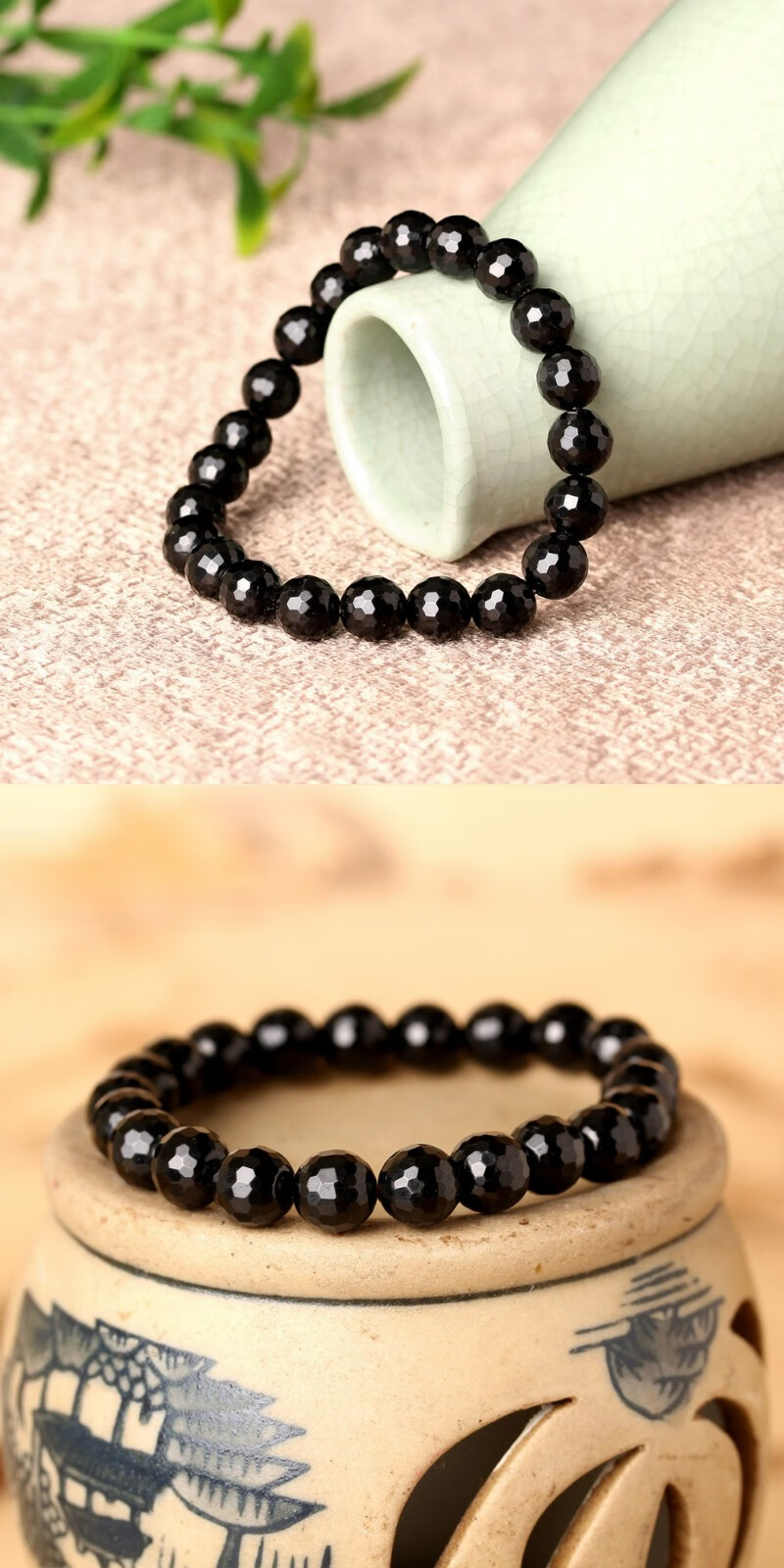 一生一石 黑金武士 天然黑碧玺手链 128刻面珠子黑色电气石水晶手串