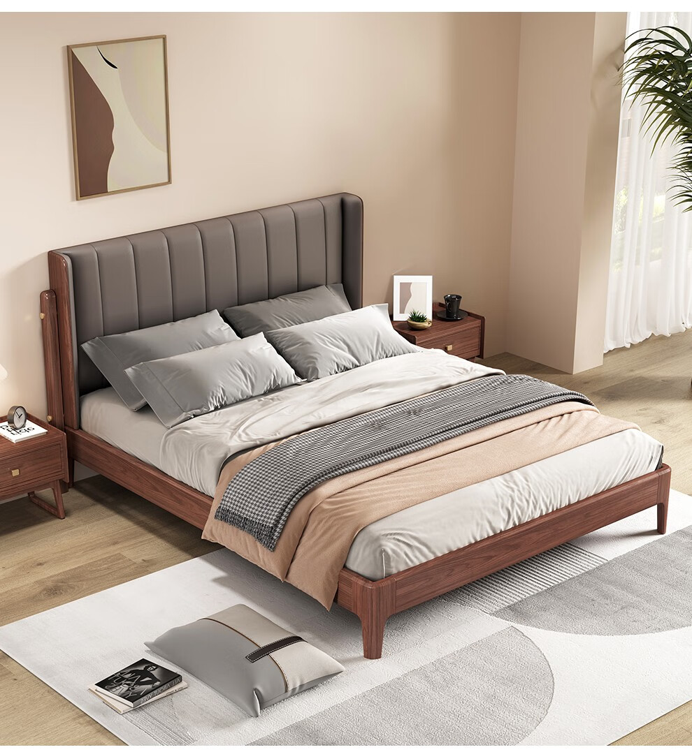 实木床 意式轻奢真皮靠背双人床 现代简约风头层牛皮主卧婚床卧室家具