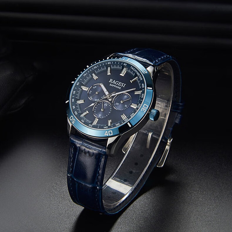 雷格诗(ragesi) 新款商务休闲男表手表三眼运动计时防水男士手表夜光
