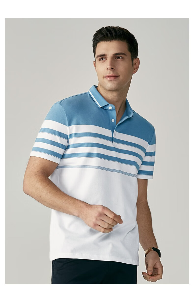 虎都男装短袖新款舒适纯棉条纹翻领t恤男士休闲潮流上衣25475黑色s165