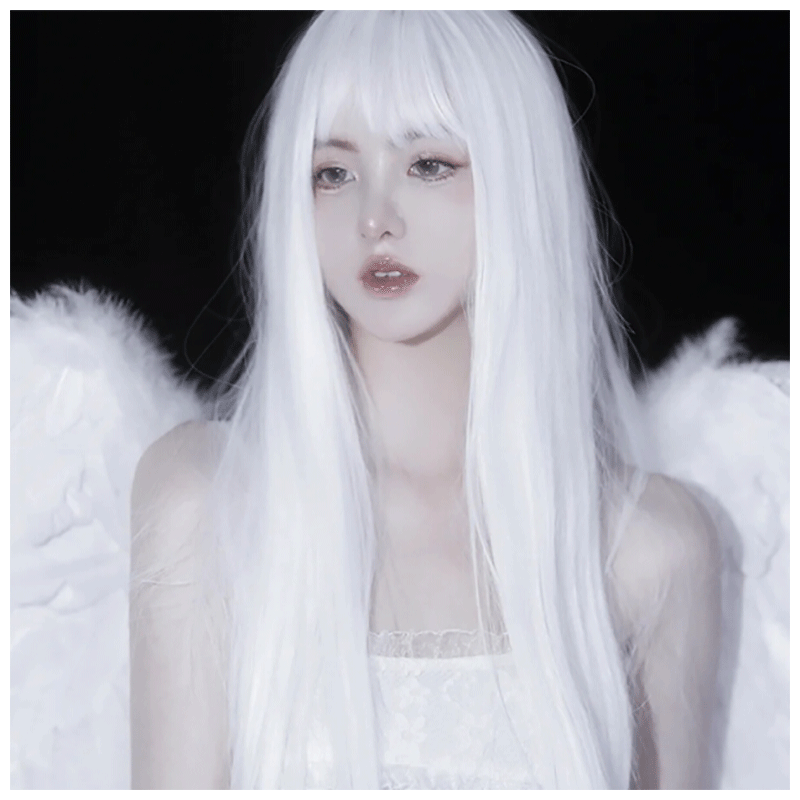 天使丝丝 假发女长发网红齐刘海白色长直发圆脸假发套 纯白色 大钢梳