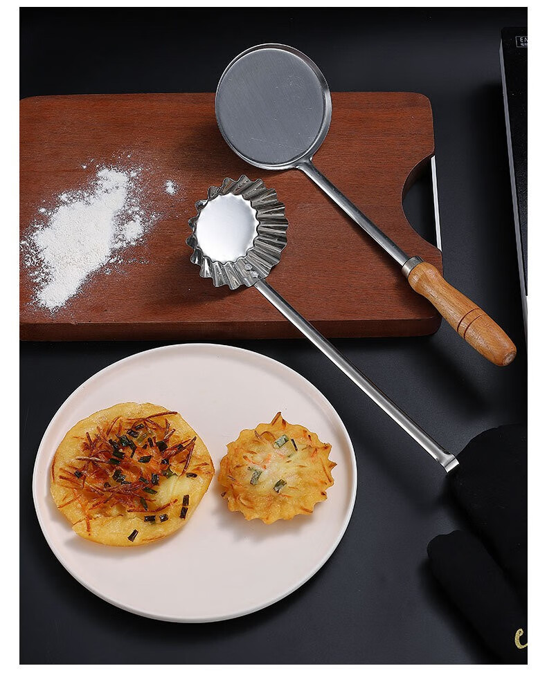 304不锈钢油端子油墩子萝卜丝饼虾饼勺子油炸小吃模具模子木柄中号304