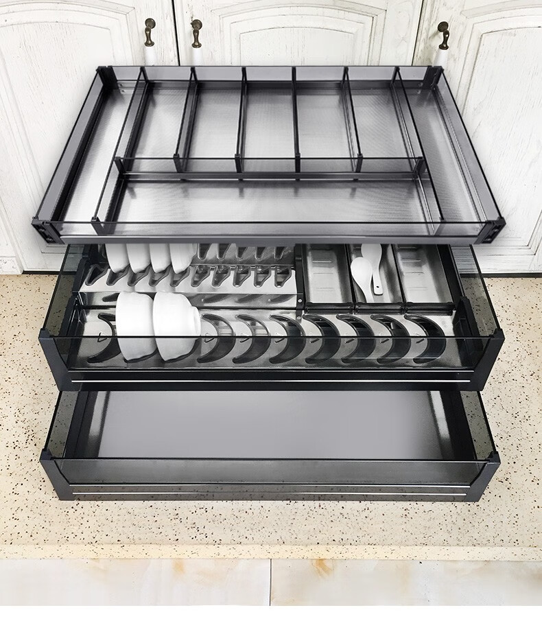 飞鸥厨柜黑色三层套装不锈钢拉篮内置厨房碗碟盘收纳橱柜地柜调味篮