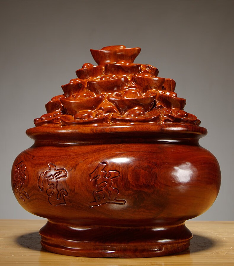 黄花梨木雕聚宝盆摆件招财风水客厅装饰桌面红木摆件实木雕刻工艺品