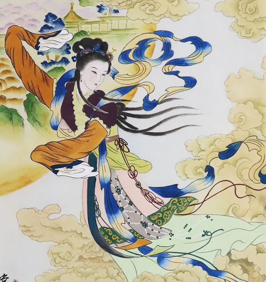 爱新觉罗 溥任弟子 吴彩光 旧藏【嫦娥奔月】亲笔授权 纯手绘国画