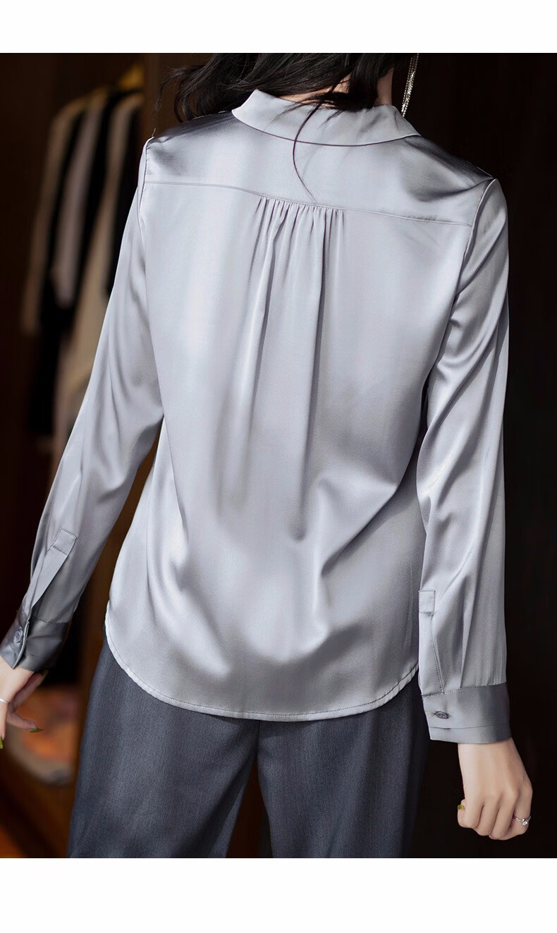 珂曼苏品牌女装丝绸缎面重磅灰色真丝衬衫女长袖桑蚕丝衬衣2021新款