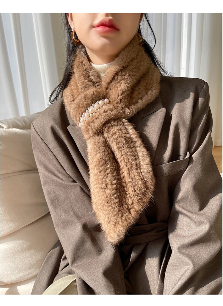 喜诺义高端水貂毛围巾皮草围巾围脖女水貂编织带珍珠皮草毛领子气质