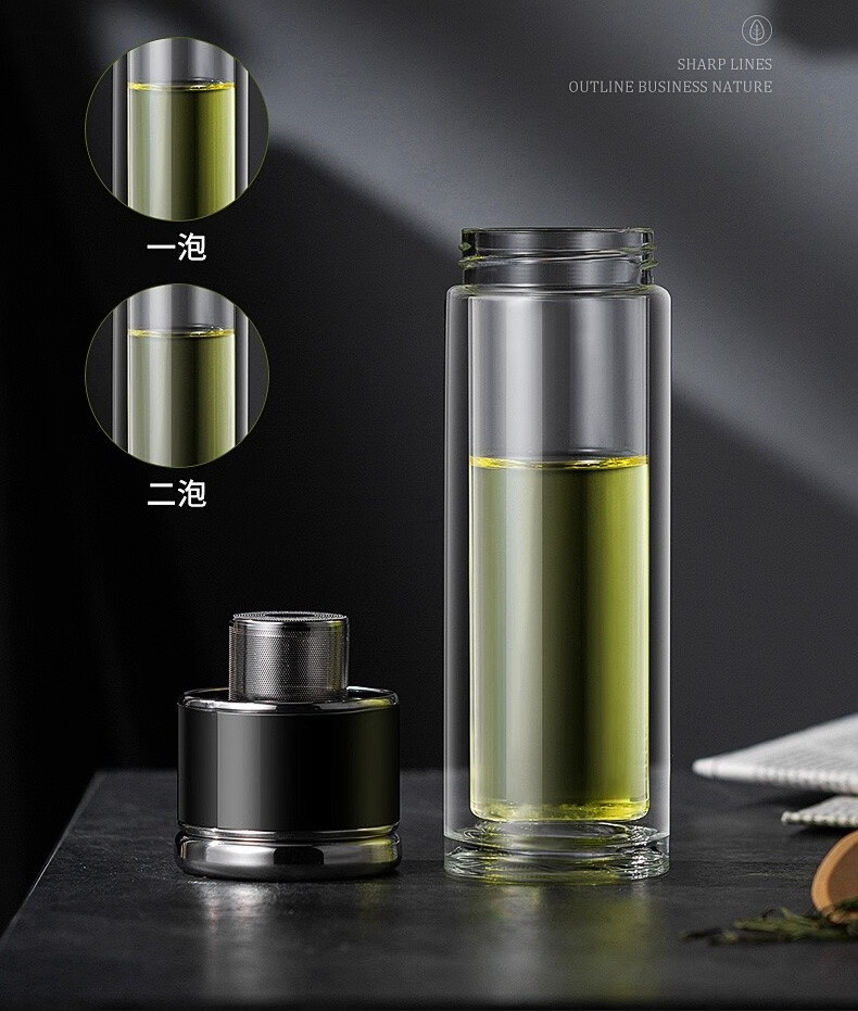 essonio意大利品牌茶水分离泡茶杯男士高档加厚双层隔热玻璃杯便携