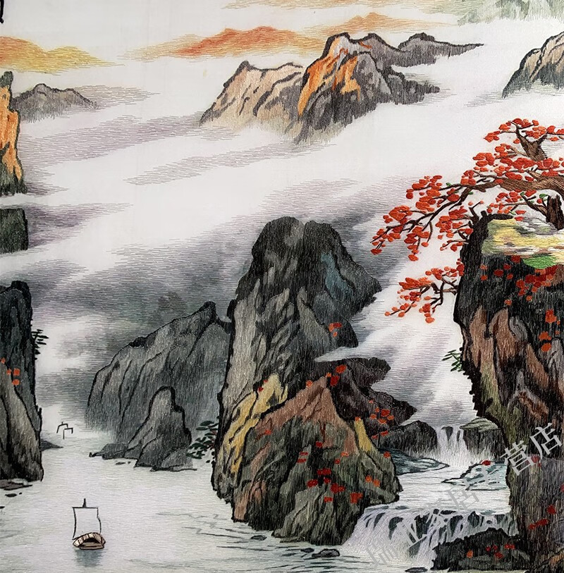 汉宫苏绣一帆风顺客厅山水挂画纯手工刺绣苏州绣画成品大幅山水风景