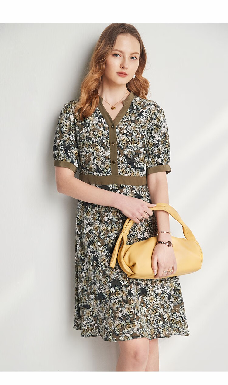 帕罗连衣裙真丝女16姆米100桑蚕丝v领印花法式裙子收腰碎花中长裙es