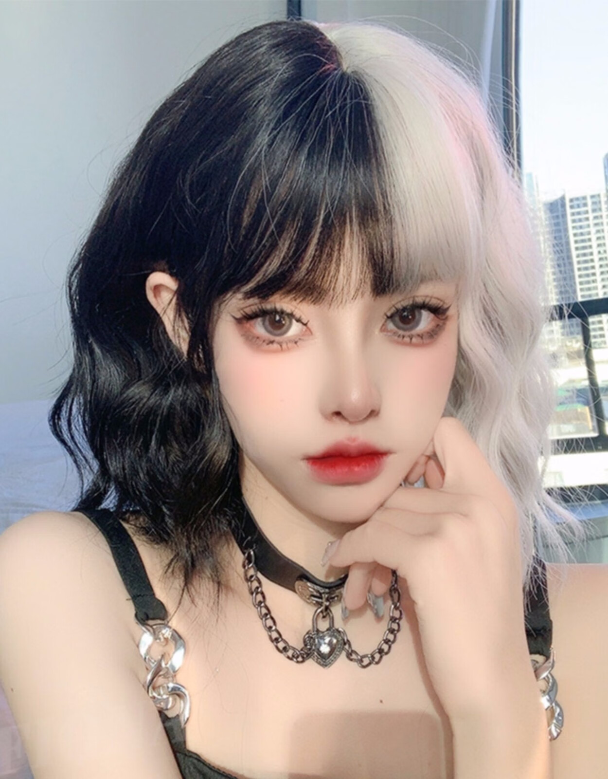 假发短发女黑白双拼魔女库伊拉同款cos阴阳头万圣节假发全头套式 黑白