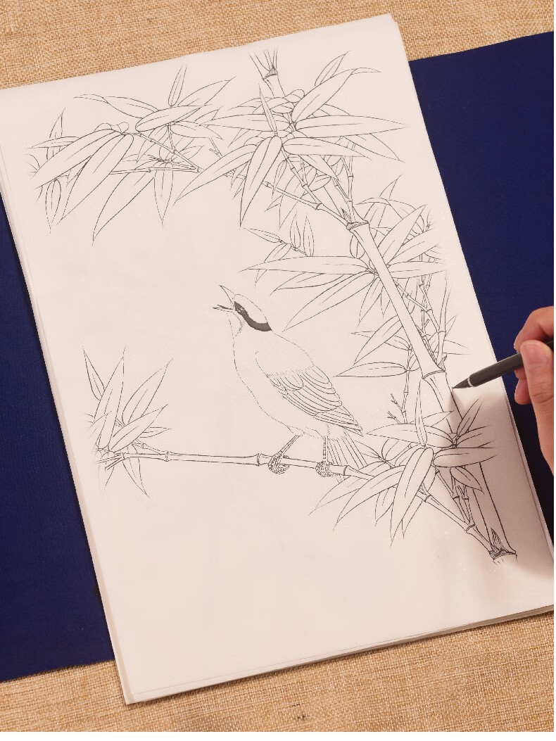 工笔画底稿白描画稿梅兰竹菊手绘花卉花鸟临摹线描画册熟宣成品初学者