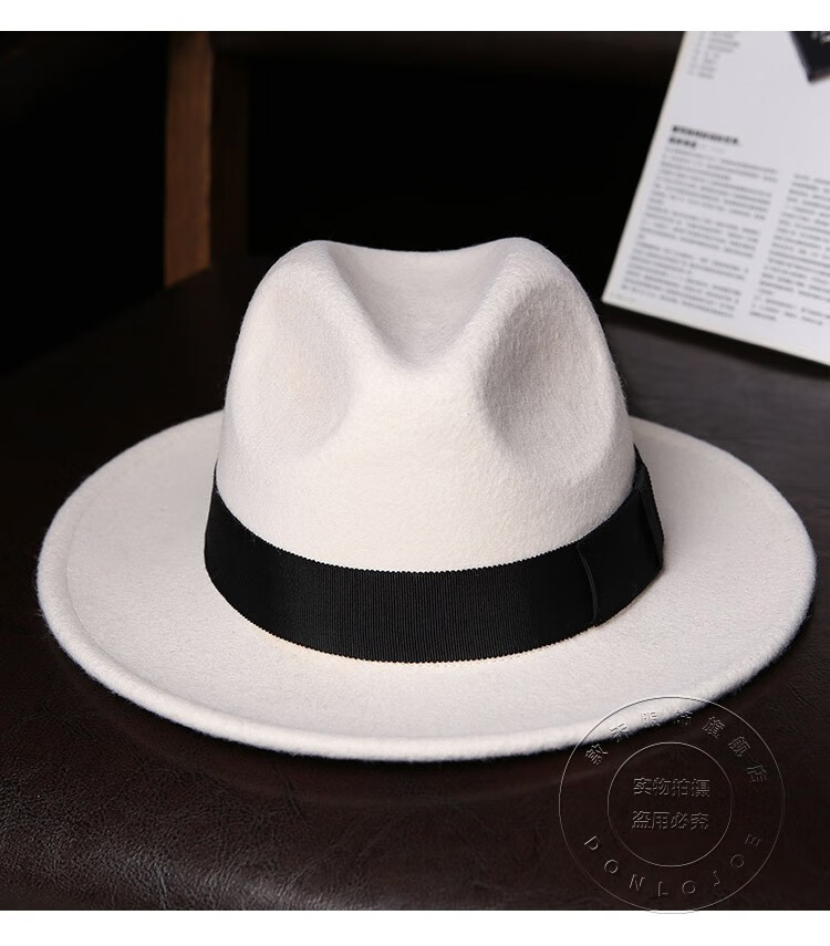 donlojoe白色礼帽男2021冬季新款时尚英伦风羊毛毡宽檐经典爵士帽子