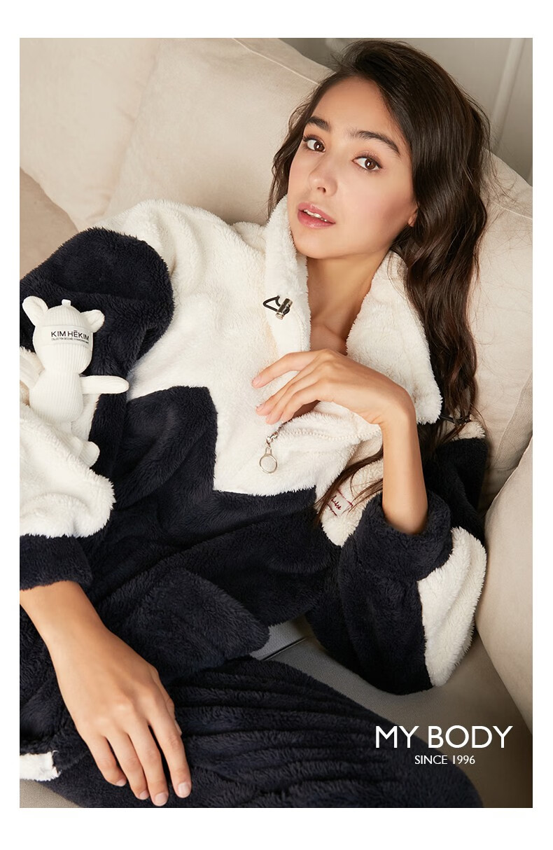 mybody情侣睡衣女男秋冬加绒加厚保暖珊瑚绒家居服拉链立领宽松可爱可