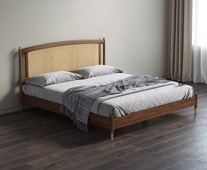 藤床家用现代实木床卧室简约双人床经济型出租屋单人床民宿酒店实木