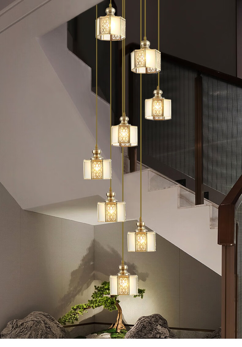 岩元现代简约楼梯间吊灯别墅复式楼中空新中式客厅灯旋转楼梯长吊全铜