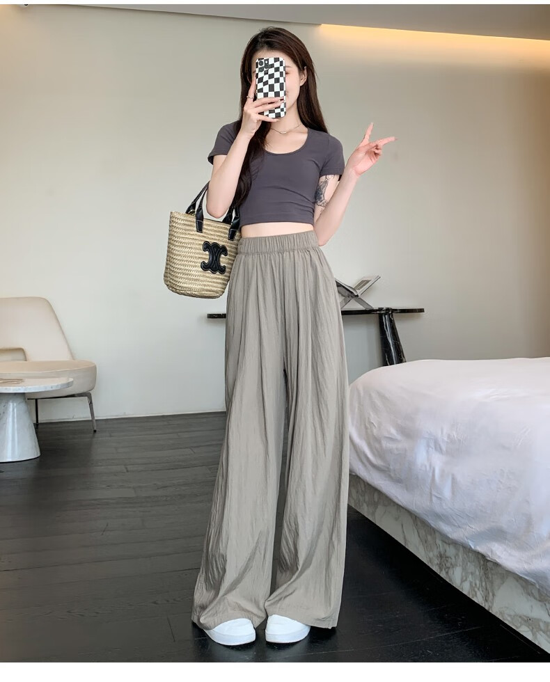 LangSha Ice Silk Wide-Leg Pants for Women, Summer High-Waisted Draping Straight Cotton Linen Casual Trousers, Japanese-Style Yamamoto Pants, Women's Lazy Style 14
