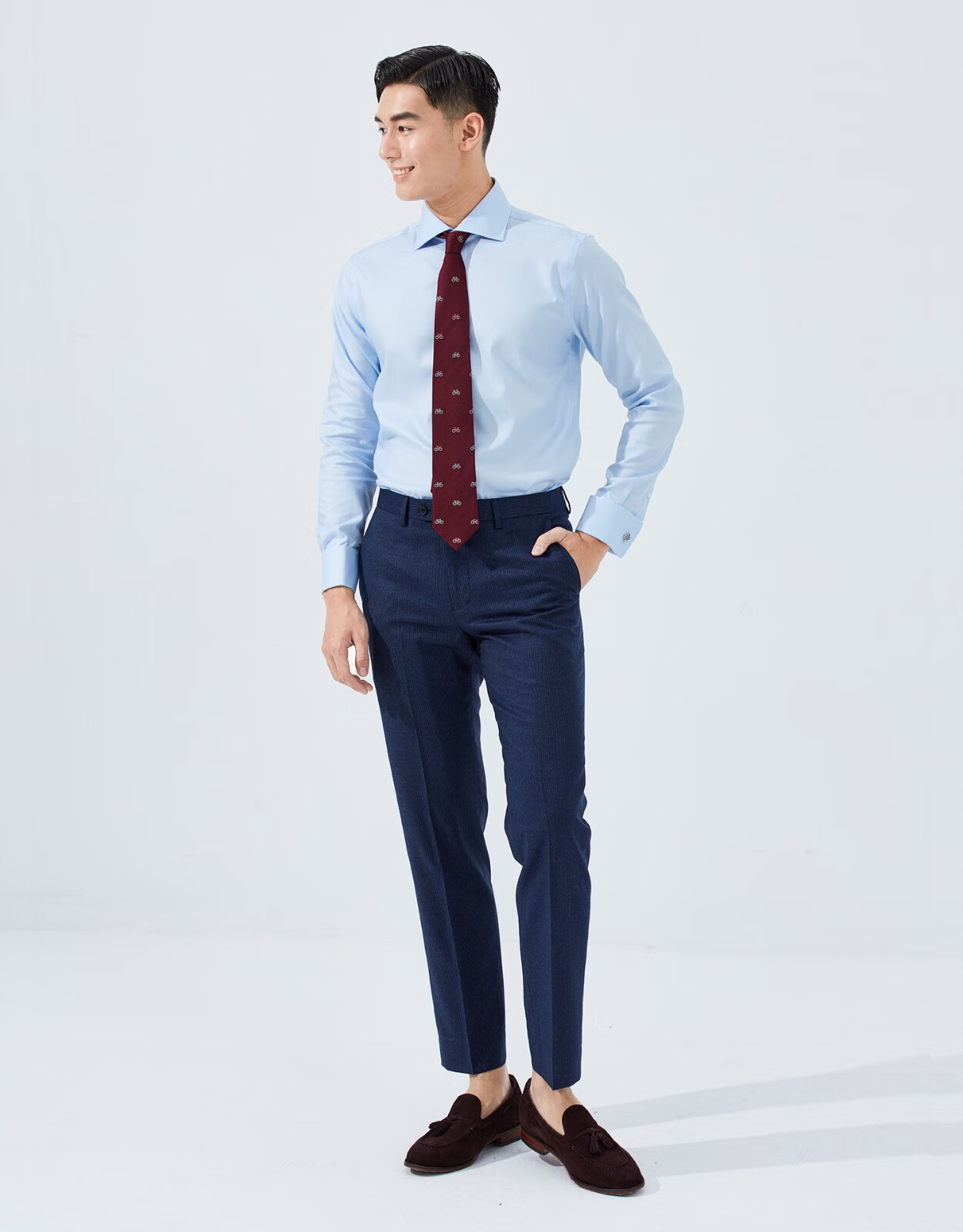 hany法式衬衫男士长袖潮流商务时尚蓝色衬衣上班青年新款男 科莫淡蓝