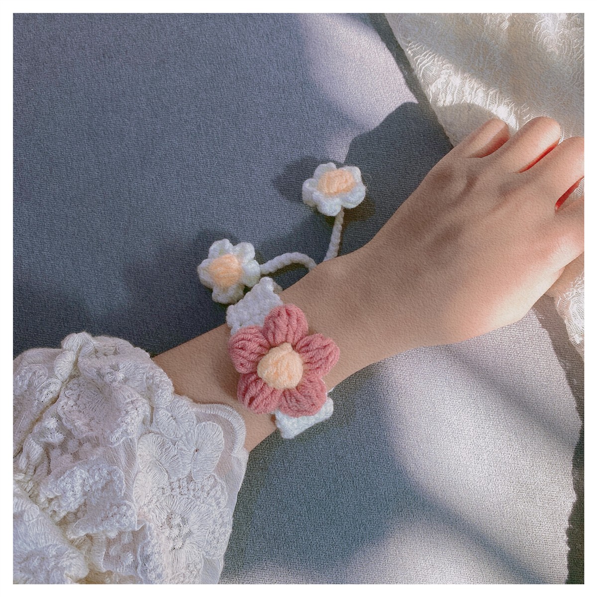 一朵小红花手工编织手环diy材料包自制手织毛线手链 手环蓝色成品三