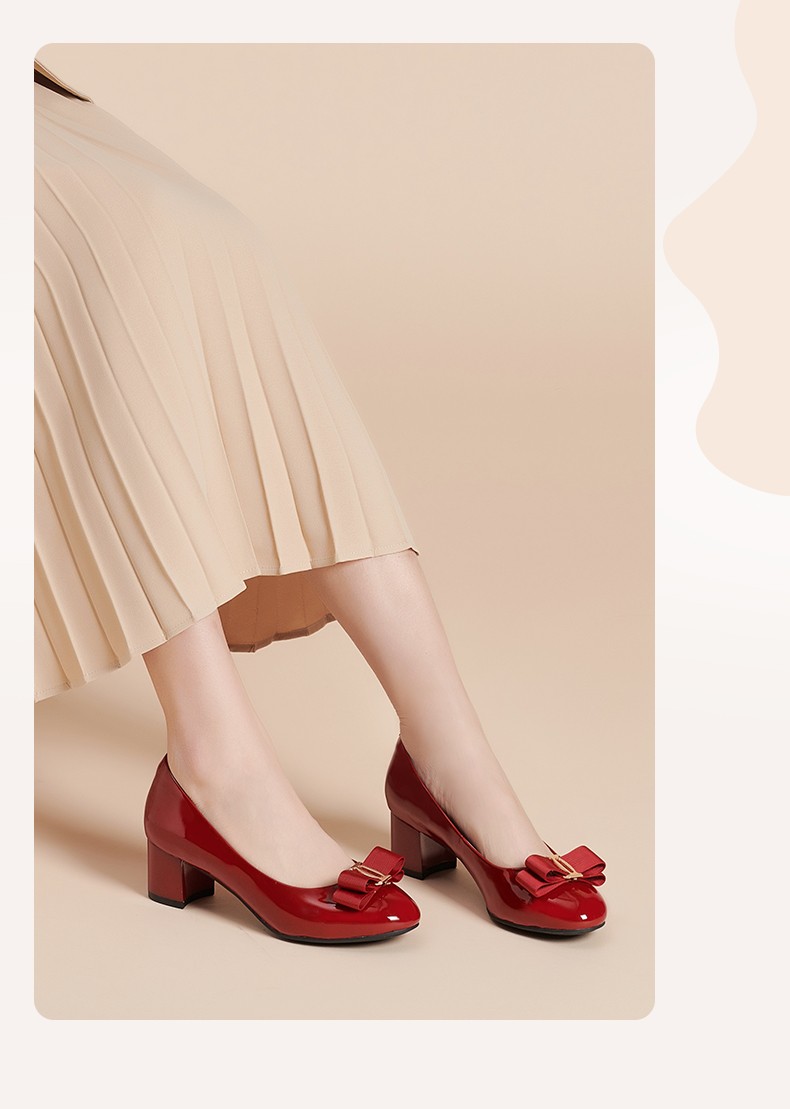 百田森新款气质牛漆皮蝴蝶结单鞋女粗跟圆头浅口通勤鞋子酒红色36