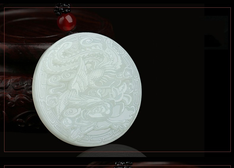 瑱瑜珠宝和田玉圆形龙凤吊坠白玉凤凰玉佩男女款玉坠项链龙牌情侣一对